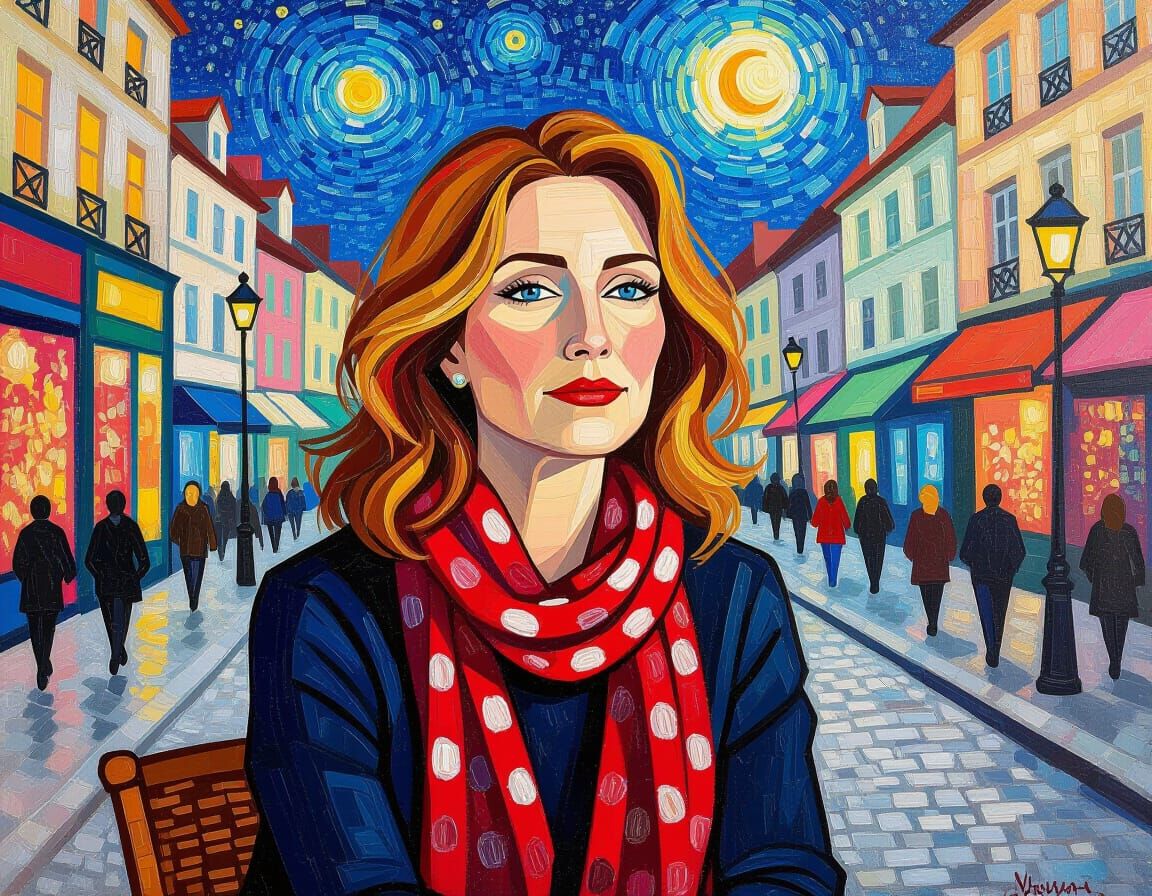 Pointillist Portrait of Woman in Cityscape