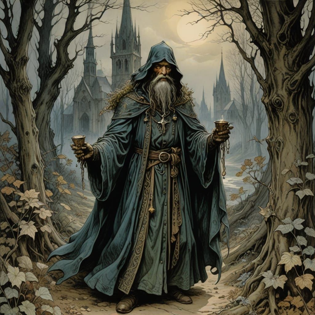 Beggar Giant in Vintage Attire Holds a Cup