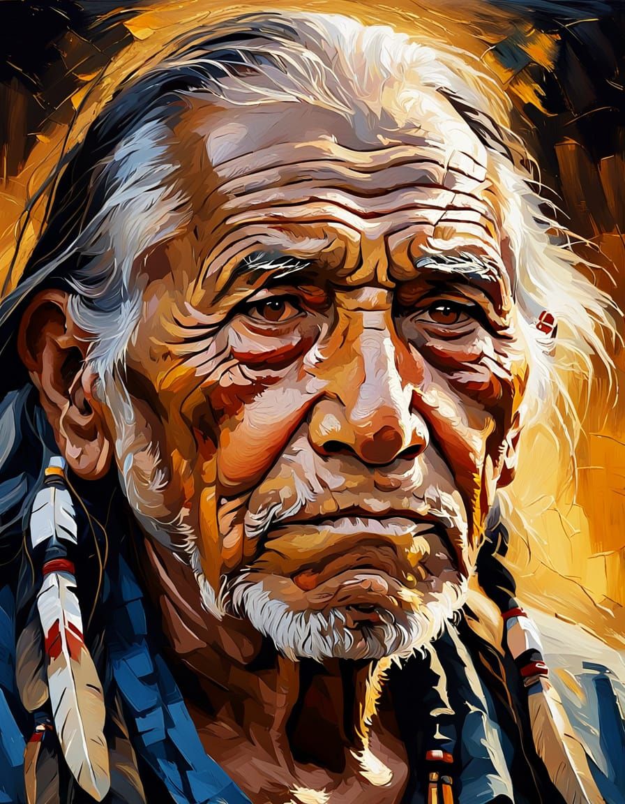 Native American Elder Portrait in Thick Impasto Style