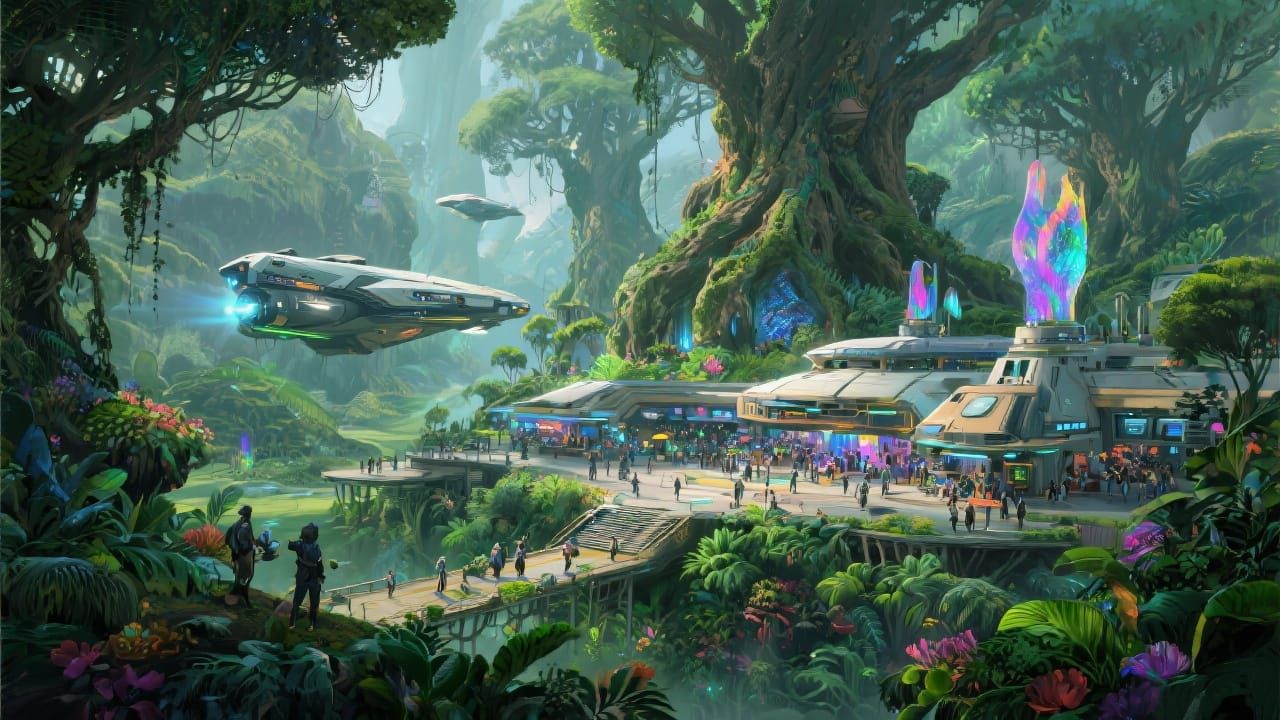 Lush Alien Jungle Space Colony in Fantasy Art Style