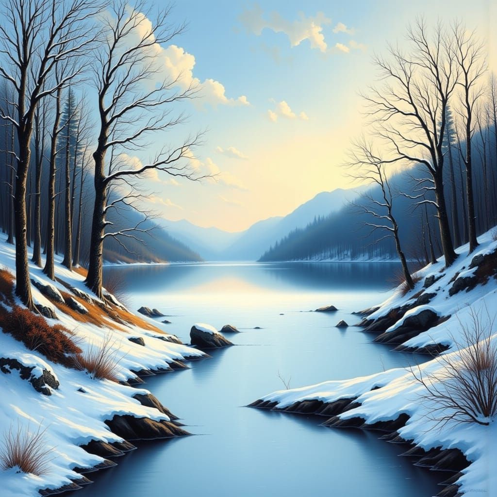 Winter Lake Landscape in Digital Art Style
