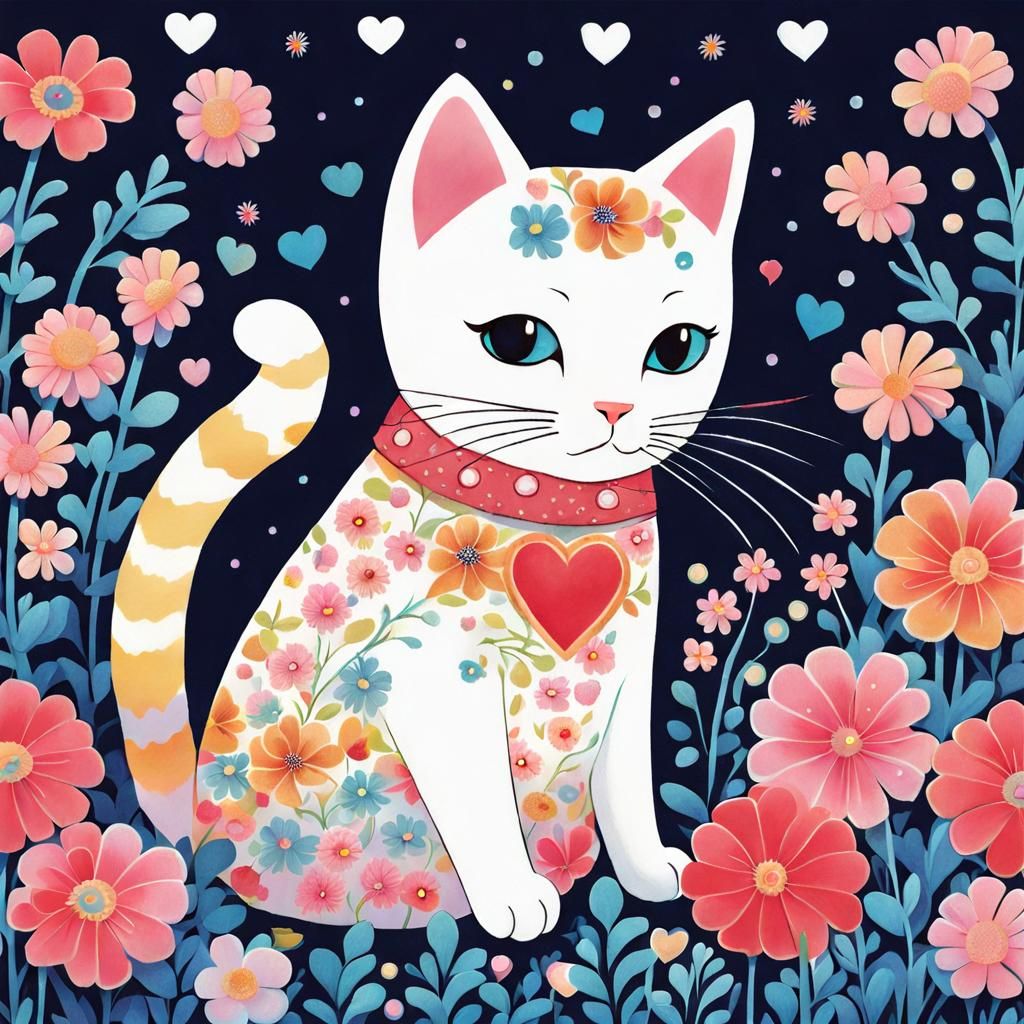 Cute Cat with Flowers in Kawaii Noir Style
