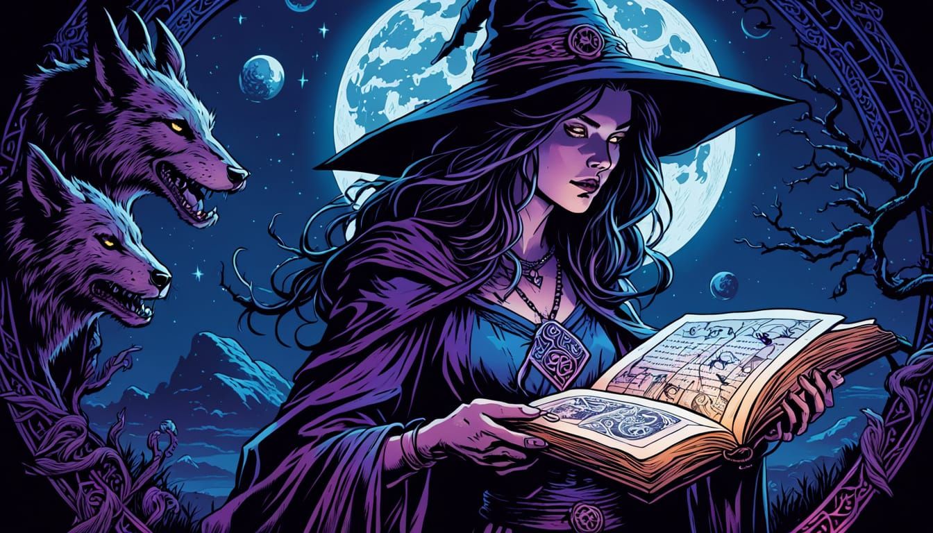 Witch Reading Spellbook in Dark Fantasy Comic Art