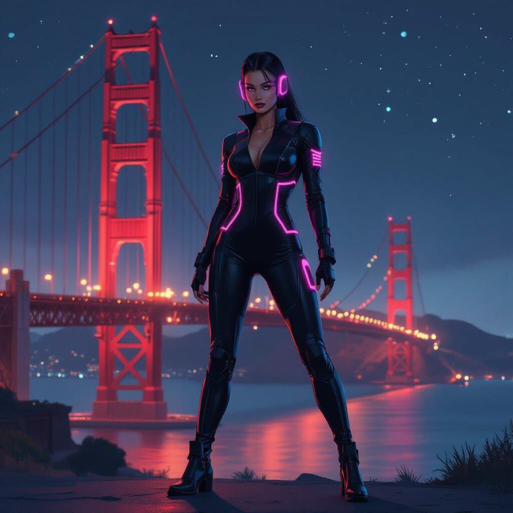 Cyber Girl at Golden Gate Bridge in Cyberpunk Style