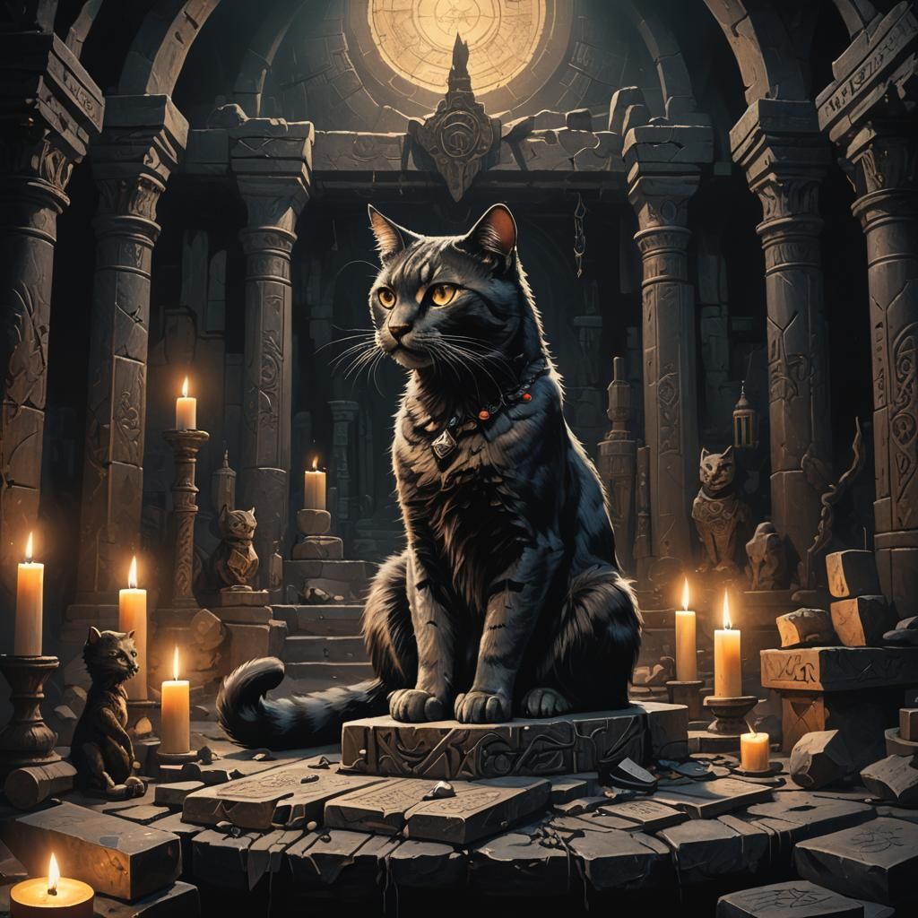 Abyssal Cat on Ruined Altar in Dark Fantasy Style