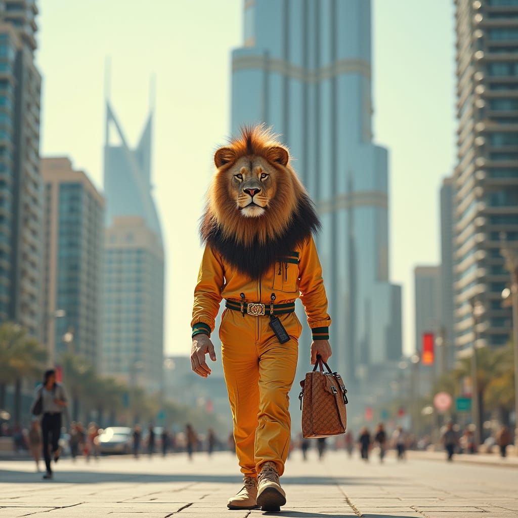 Lion Strutting in Dubai: A Futuristic Fashion Statement