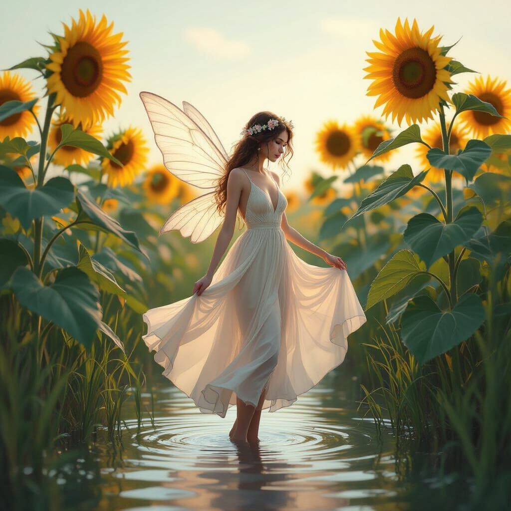 Ethereal Fairy in Sunflower Field, Dreamy Art Style