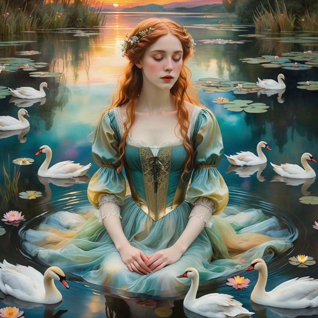 Ophelia in Pre-Raphaelite Style with Swans