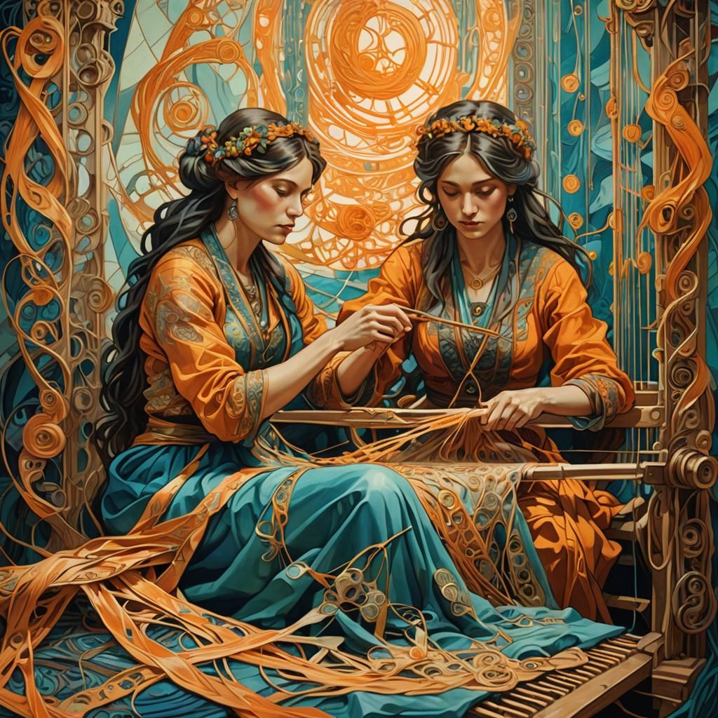 Women Weaving Images in Surreal Art Nouveau Style