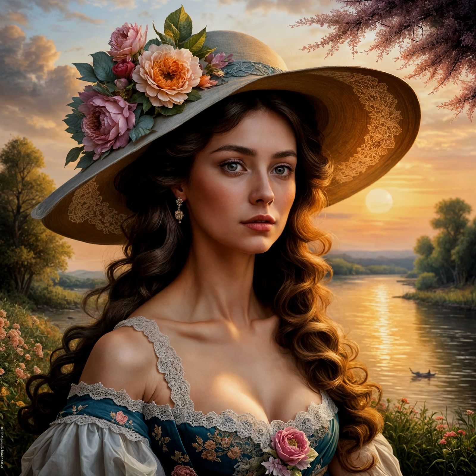 1700s Woman with Floral Dress and Hat in Monet Landscape