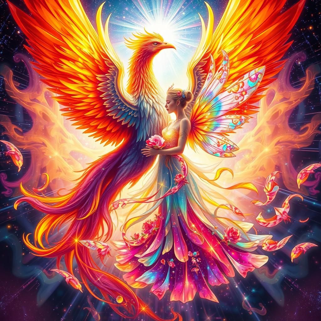 a galactic Phoenix and a fairy, merging together into a supe...