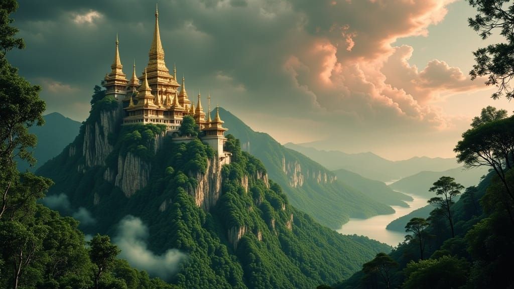 Jade Temple with Golden Spires on Jungle Mountain Slope