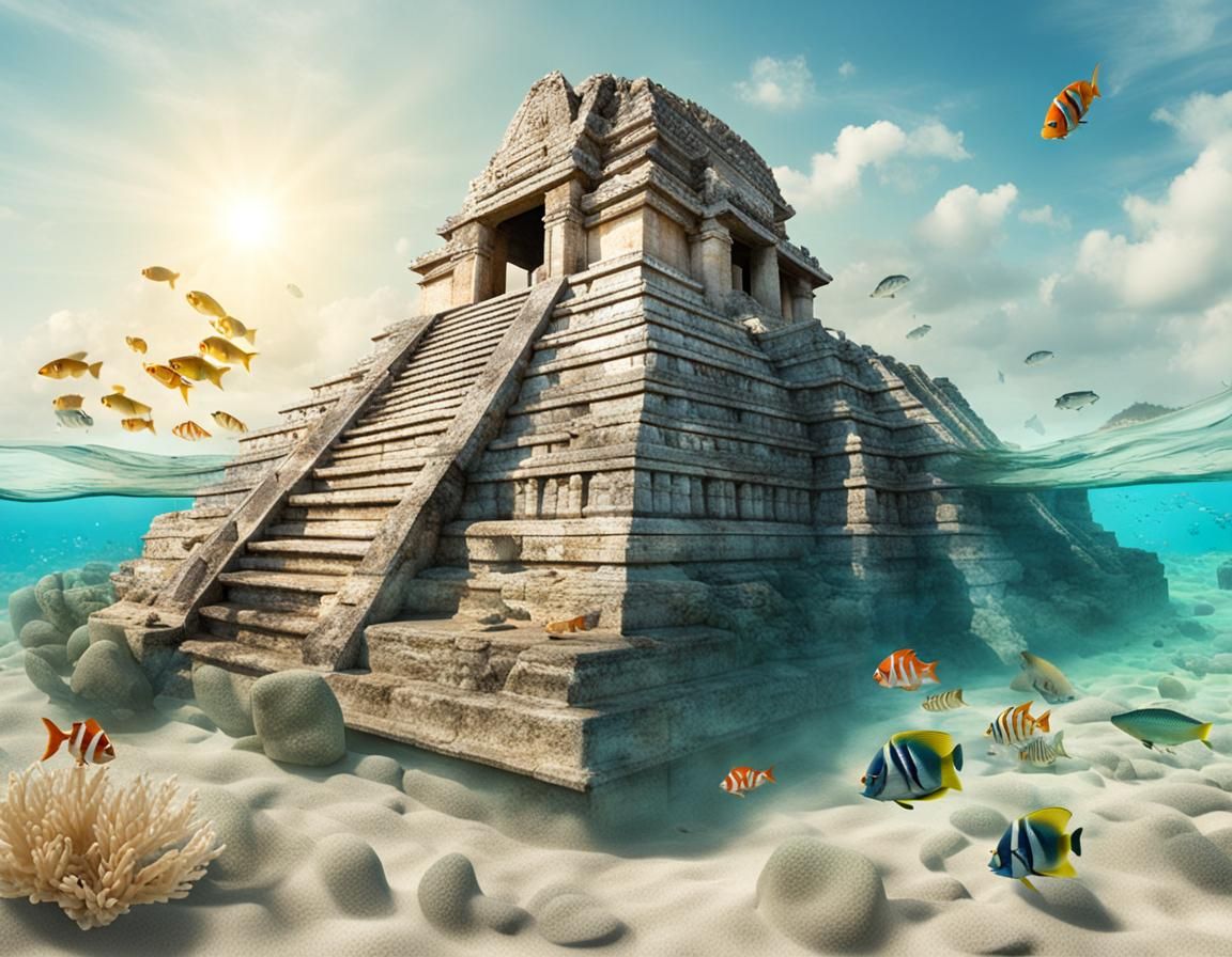 Underwater Mayan Temple with Transparent Fish