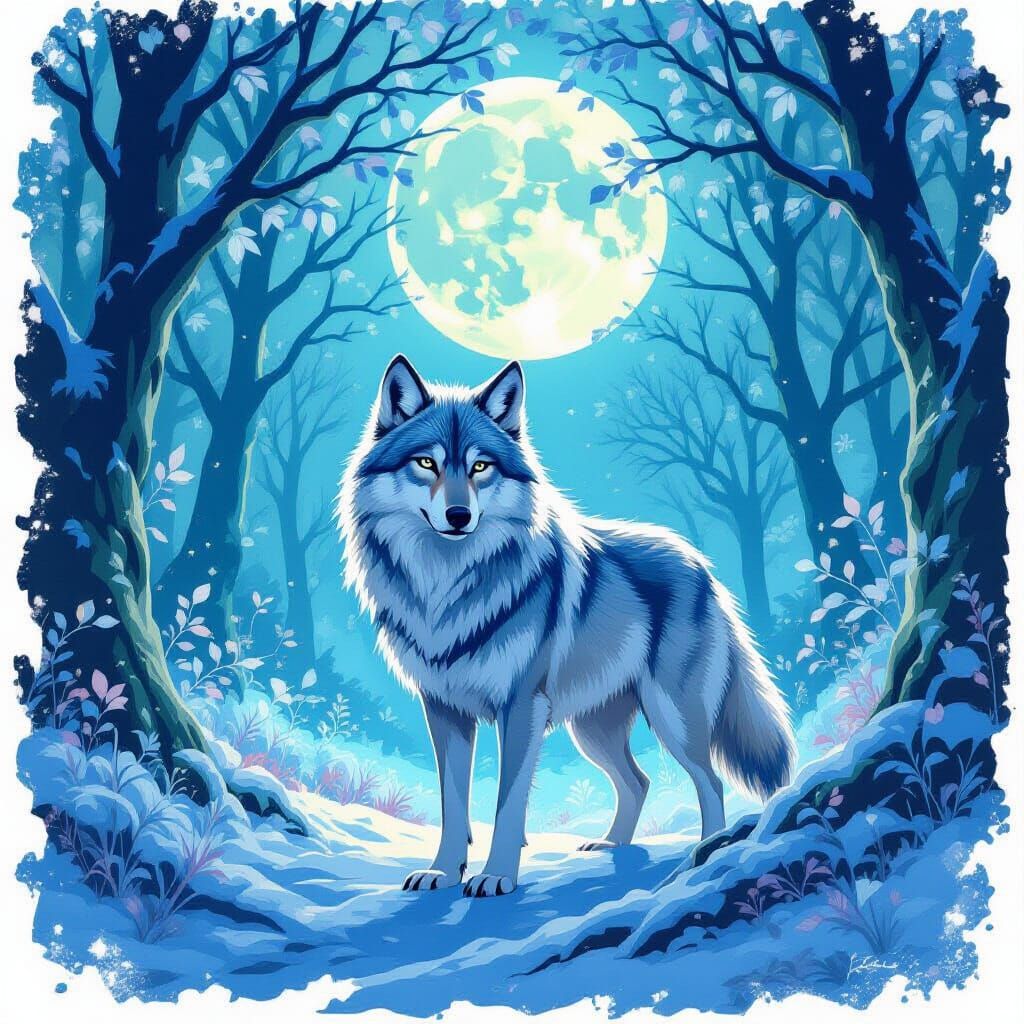 Majestic Wolf in Bioluminescent Forest