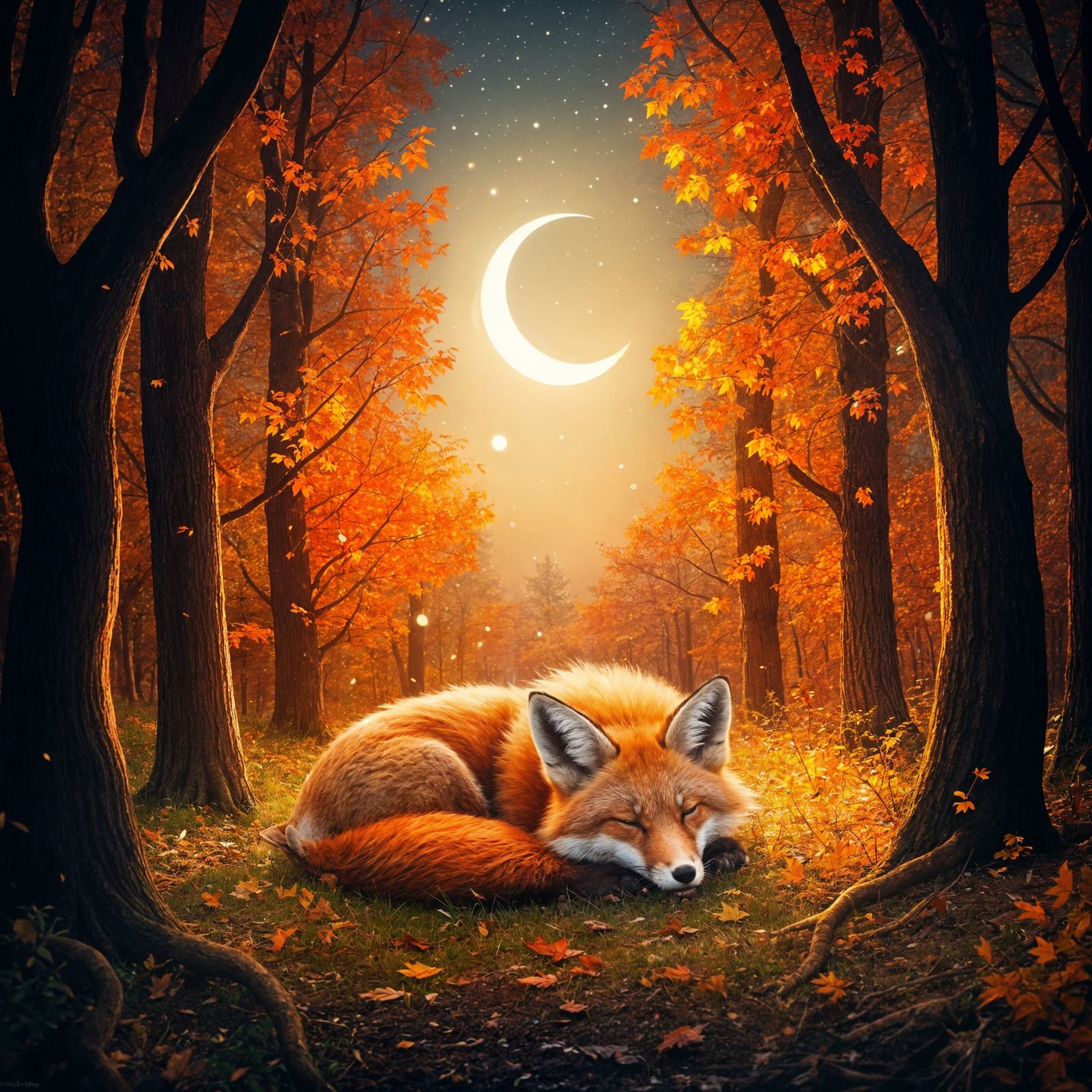 Sleeping Fox Under Autumn Moon