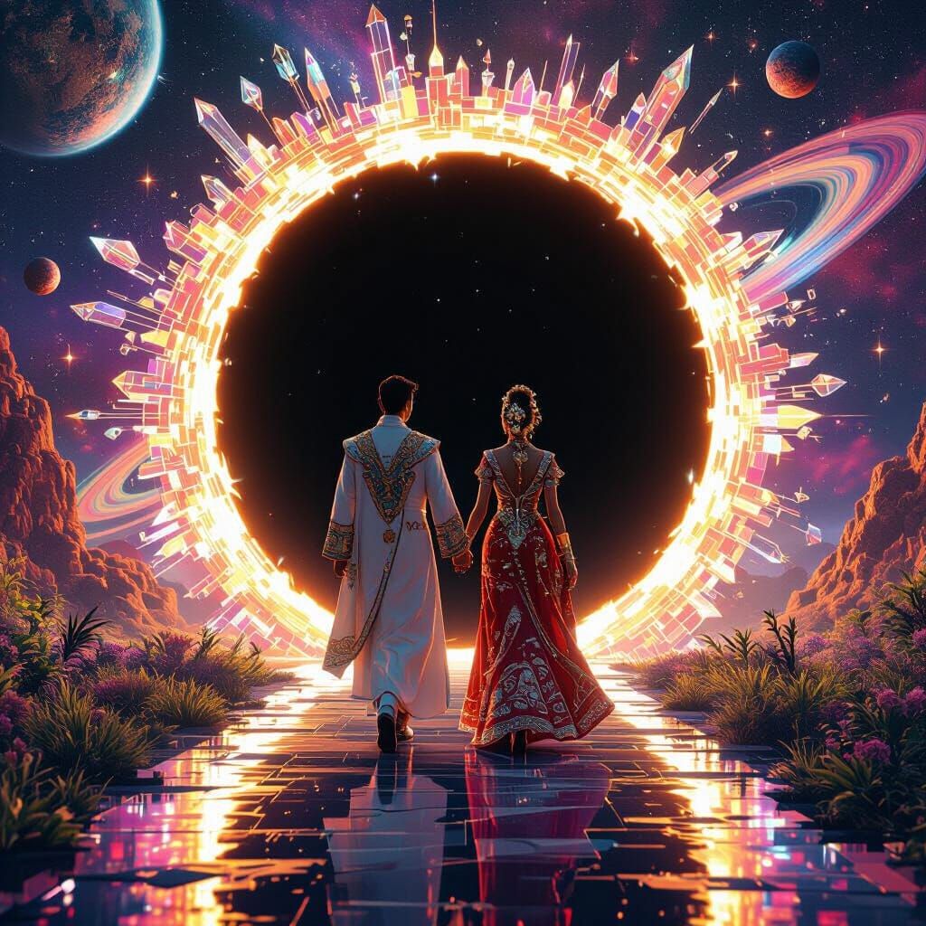 Couple Emerges from Radiant Black Hole in 3D Art