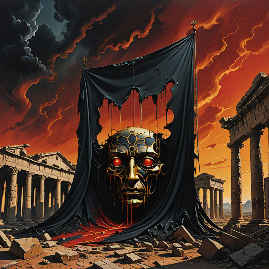 A Melting Black Flag Planted on Ancient Ruins in a Dali-Insp...