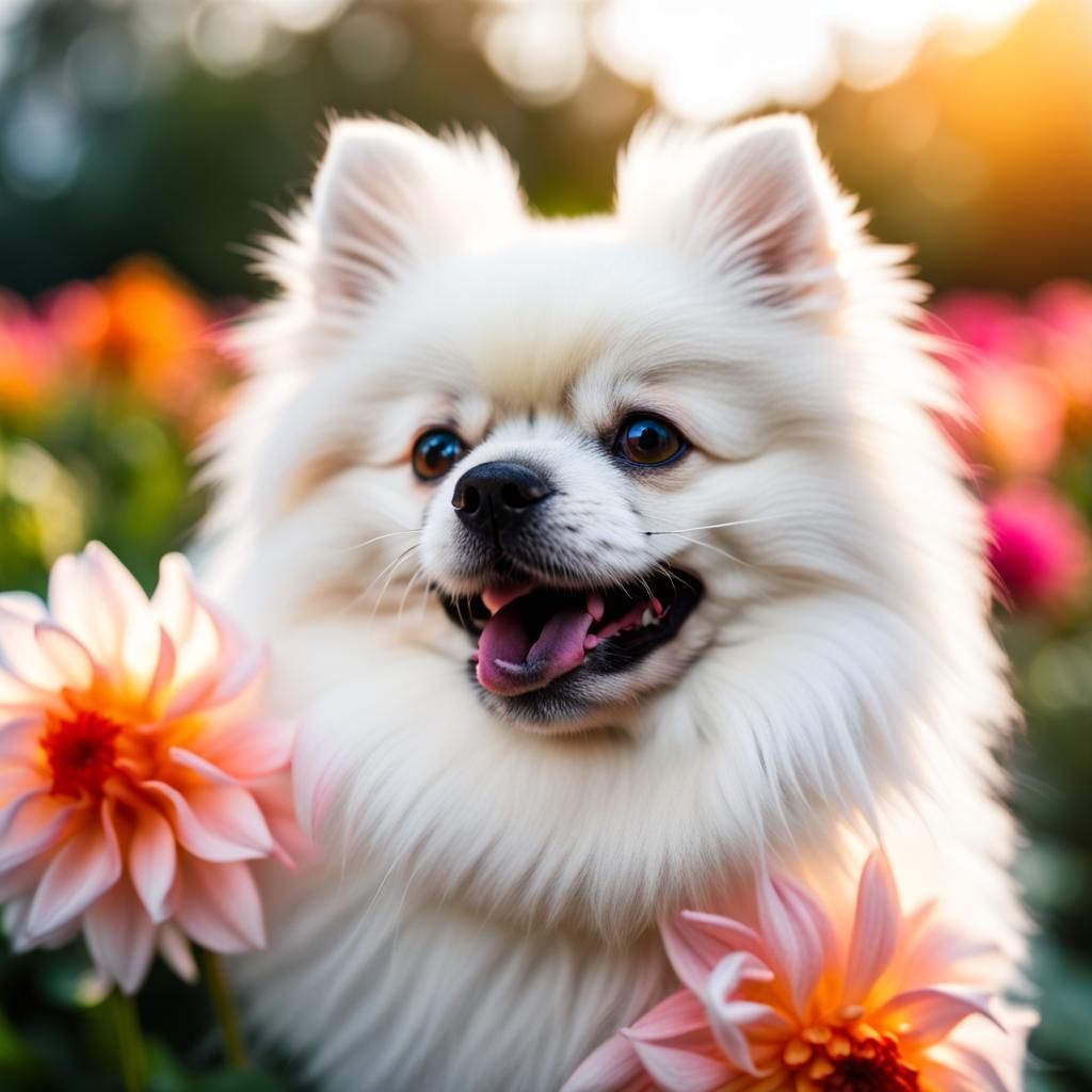 Pomeranian with Dahlia in Mouth, Soft Focus