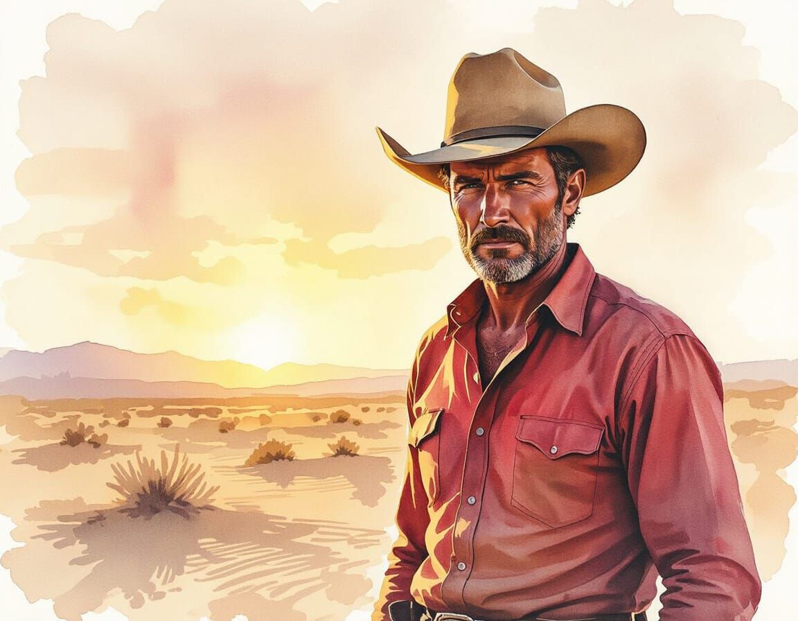 Grizzled Cowboy in Desert Landscape as Watercolor Painting