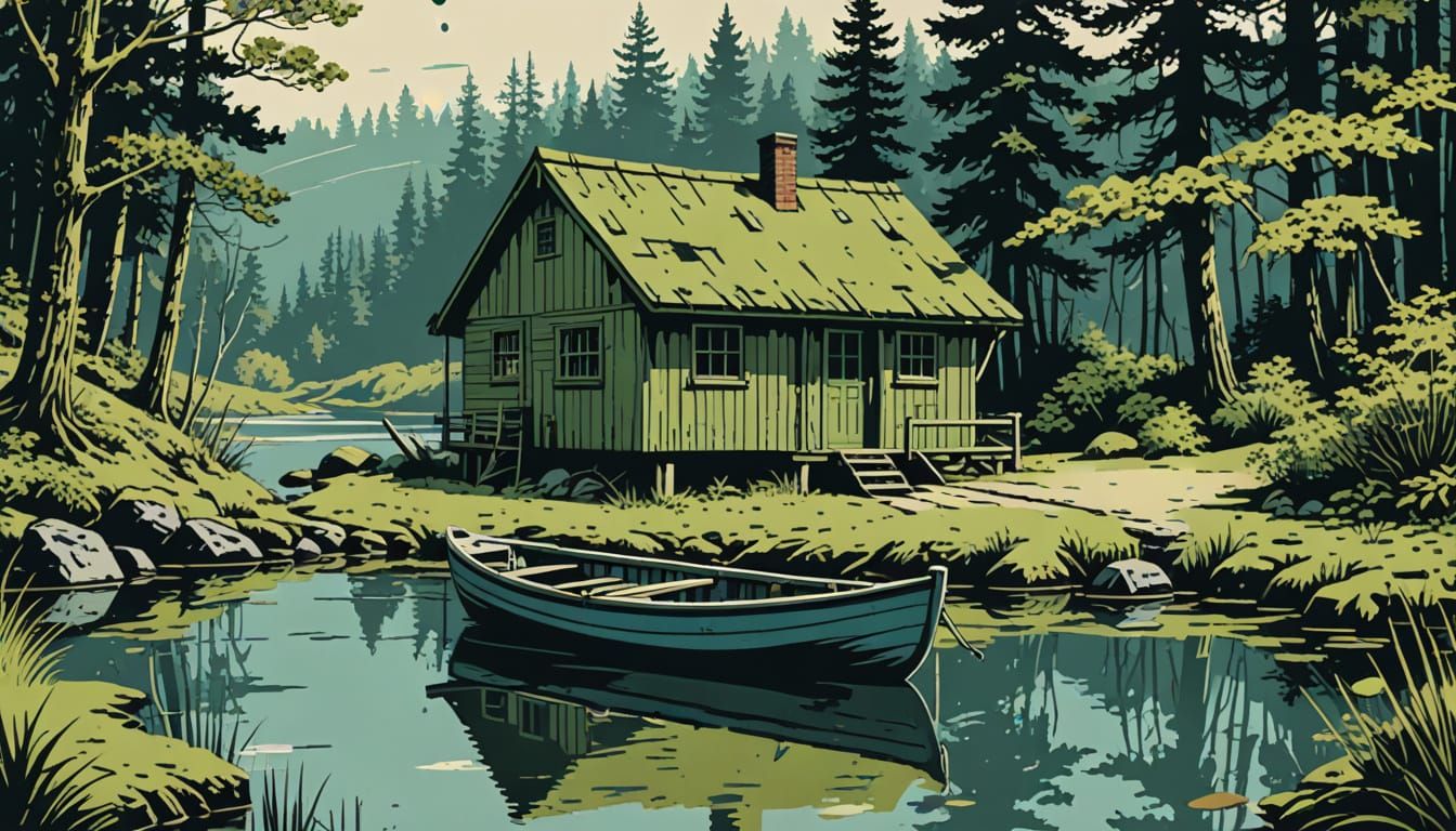 Mossy Cabin by Creek in Vintage Screen Print Style