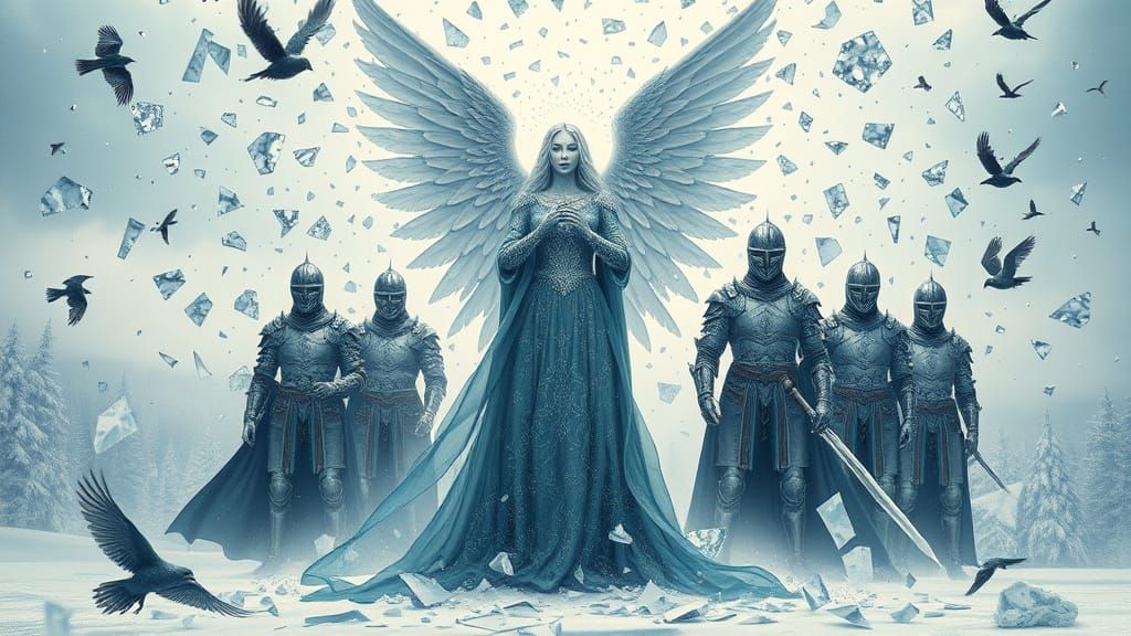 Frozen Angel Amidst Shattered Mirrors in Icy Blue Gown