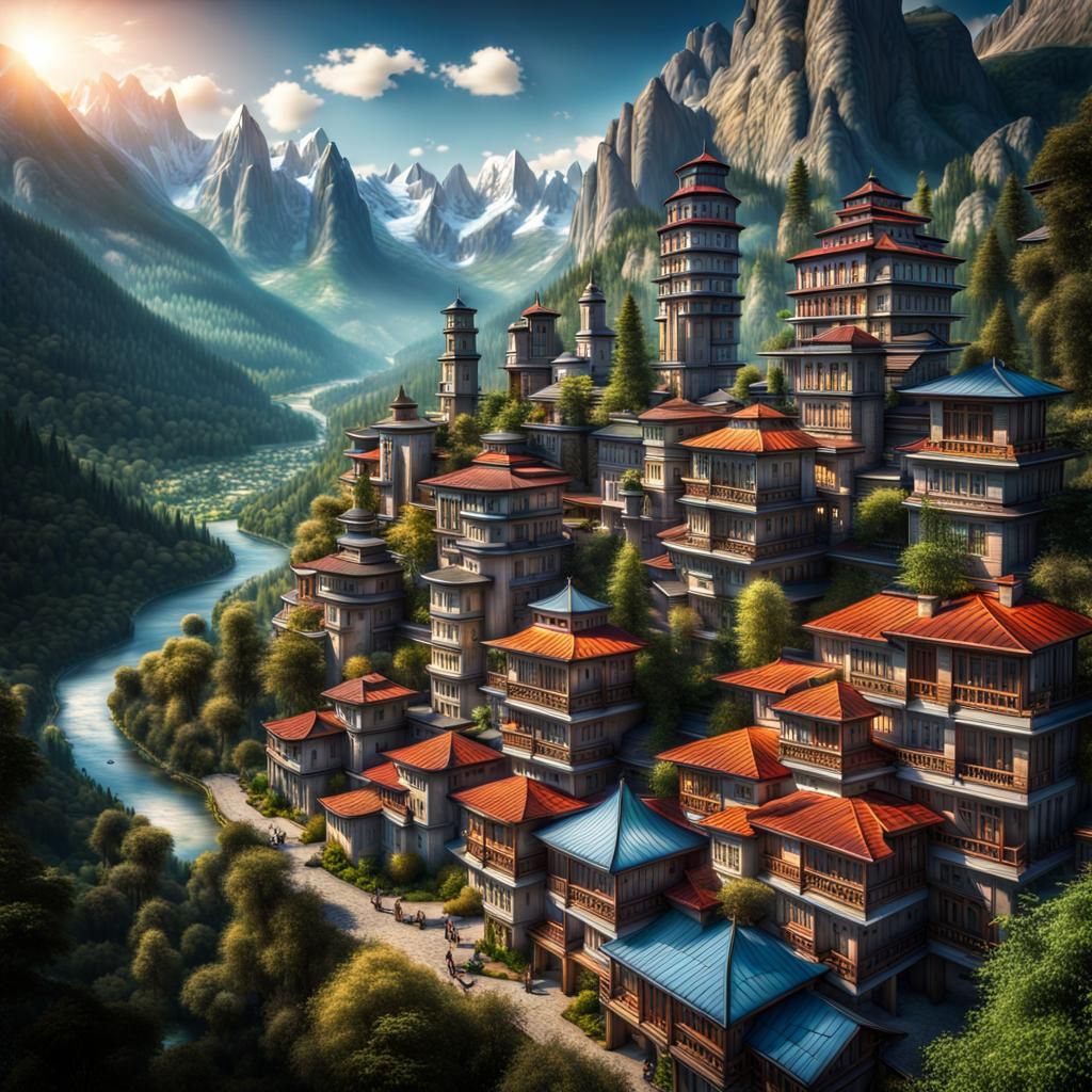 Utopian Mountain City in Hyperrealistic Style