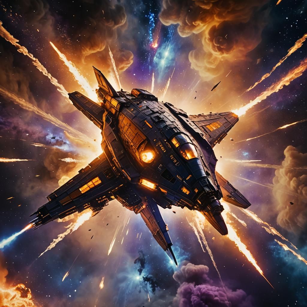 Cinematic Spaceship Blasts Through Starry Galaxy
