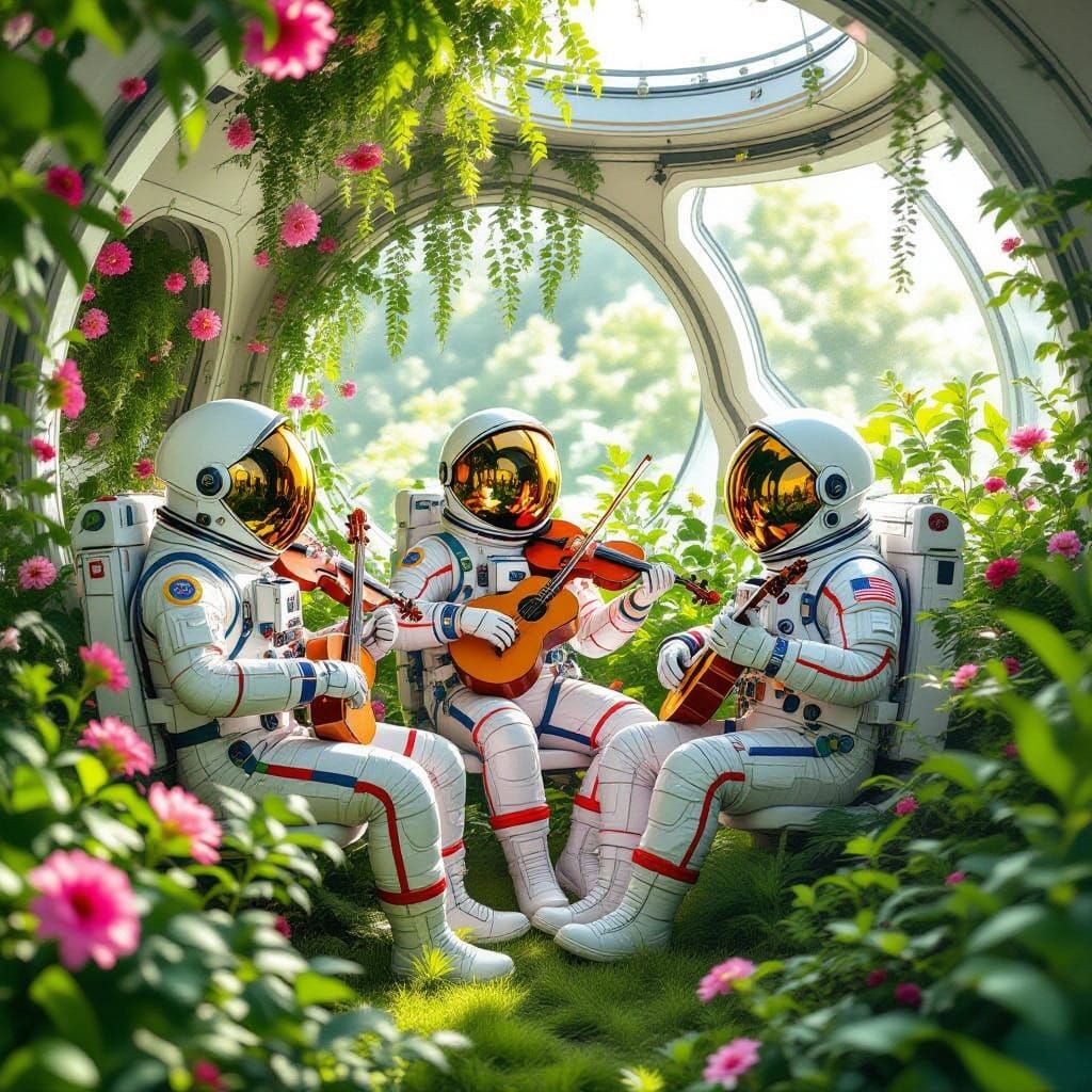 Astronauts in Vibrant Zero-Gravity Garden Play Music among B...