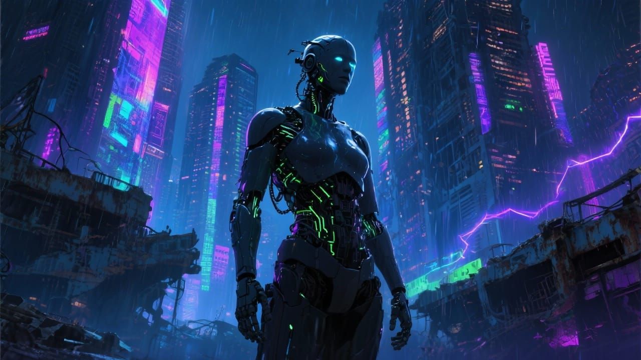 Cyborg Silhouette in Decaying Cyberpunk Cityscape