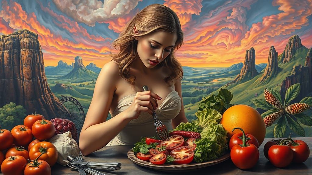 Surreal Salad Preparation in Dreamlike Landscape