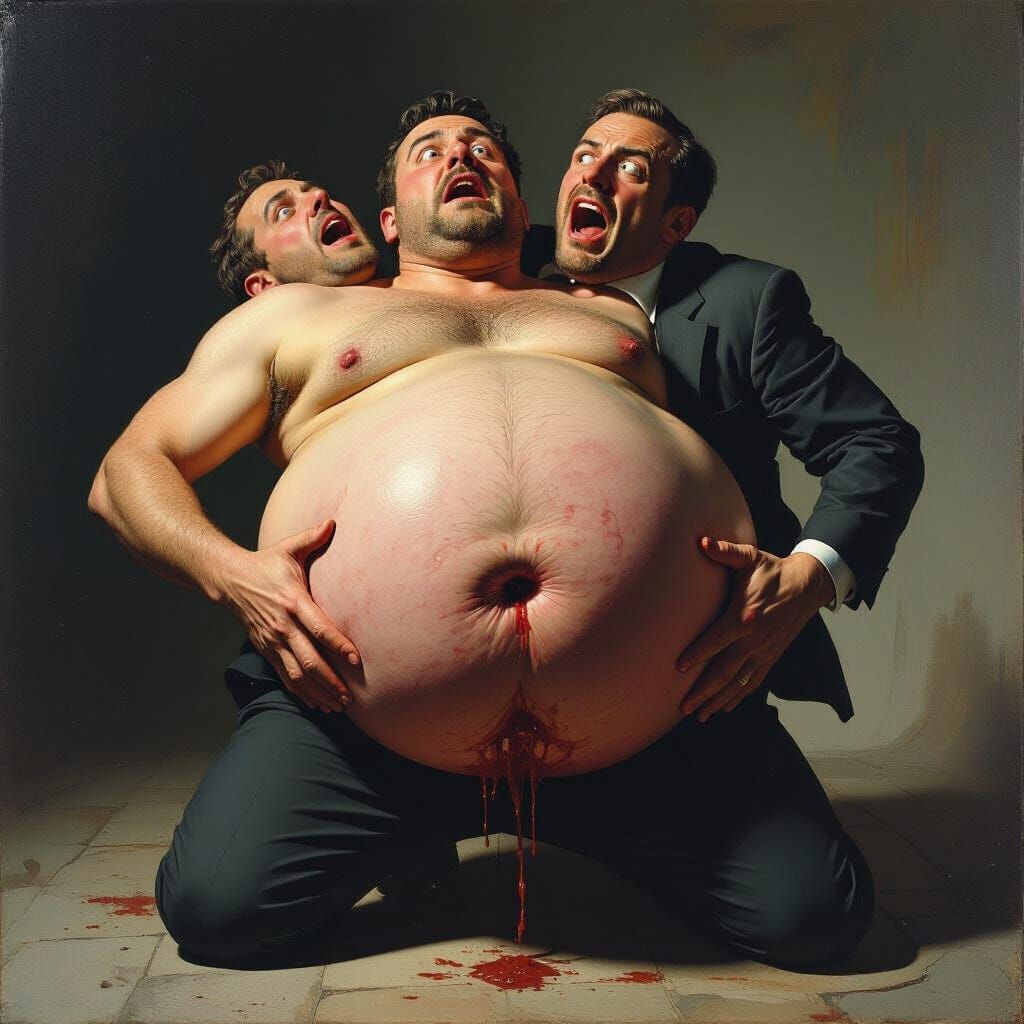 Man's Body Horror Struggle: Escape from Distended Belly