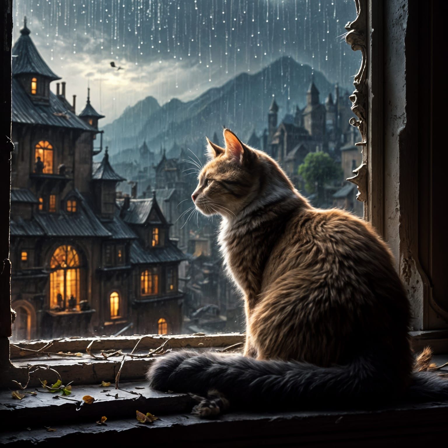 Cat Curled Up Watching Rain Outside