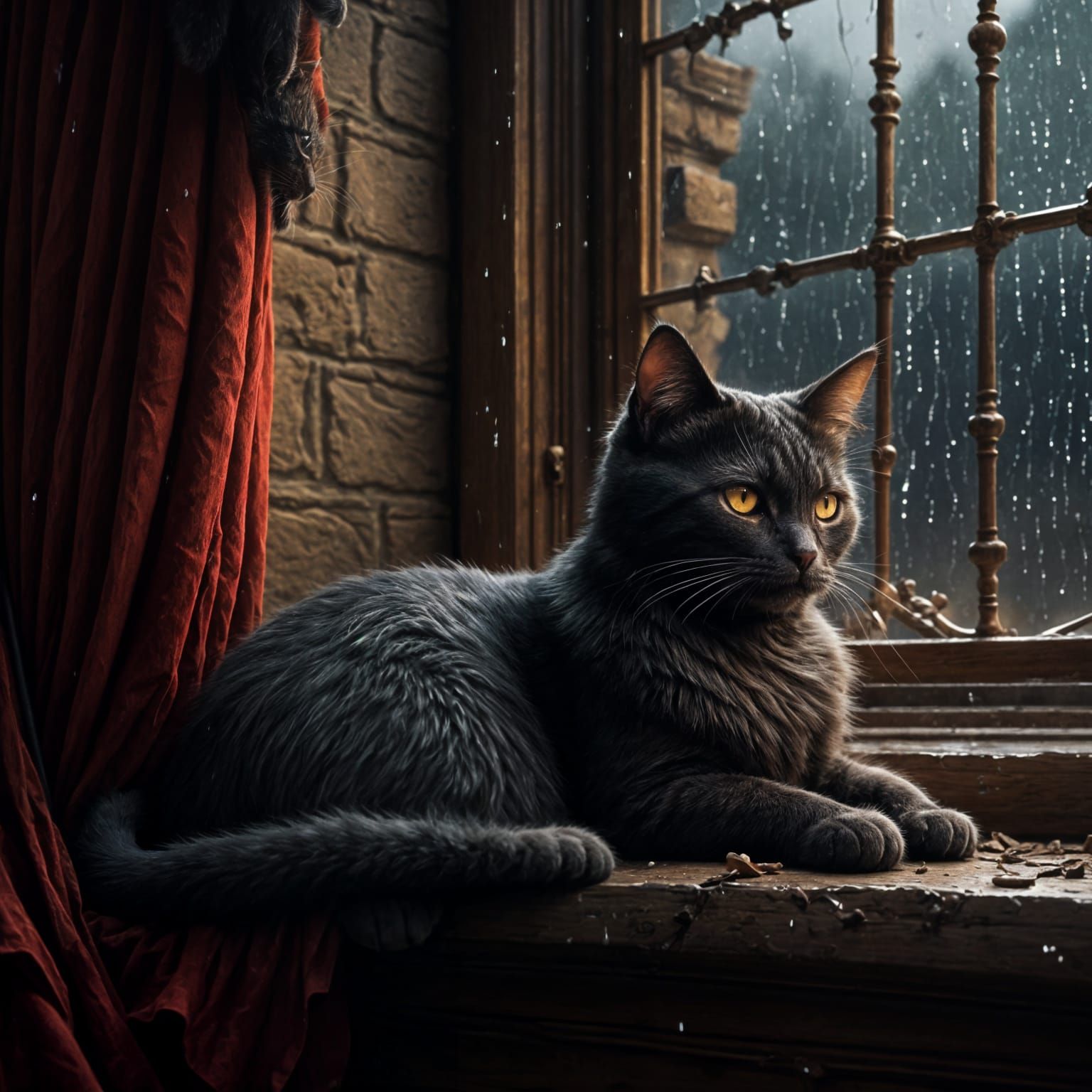 Cat Curled Up on Windowsill Watching Rain