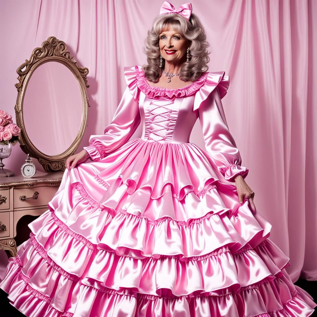 Mature Woman in Pink Ruffle Satin Gypsy Dress