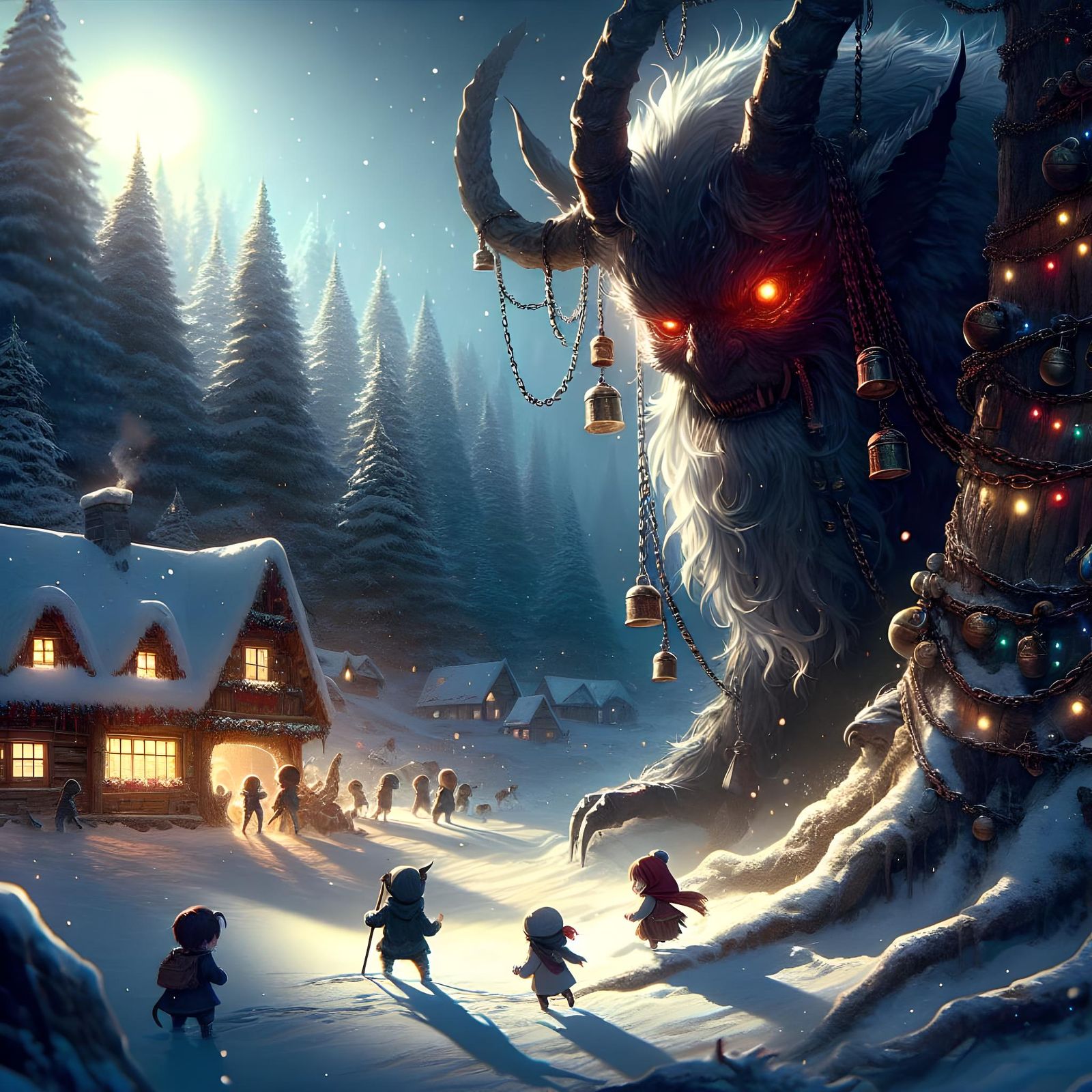 Krampus Watching Children: Dark Fantasy 3D Anime Art