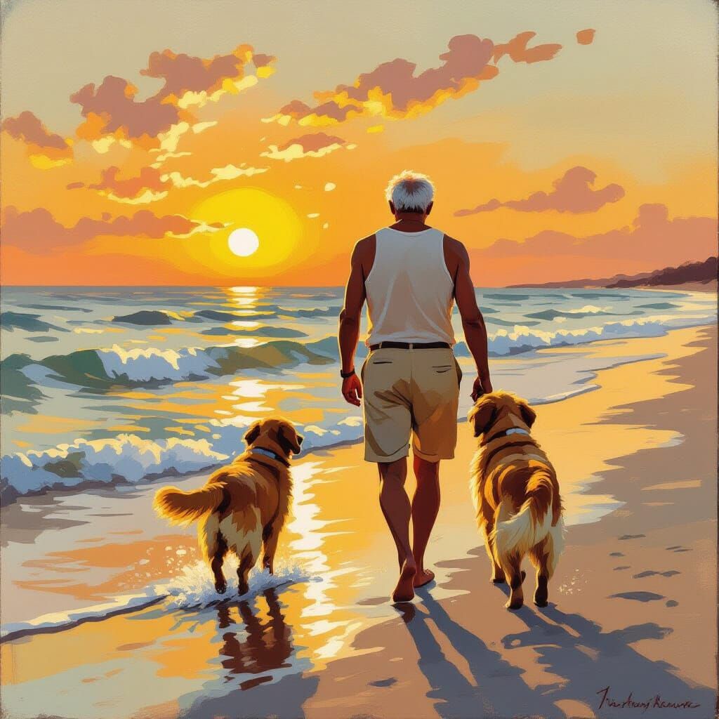 Elderly Man and Dog at Sunset in Impressionist Style