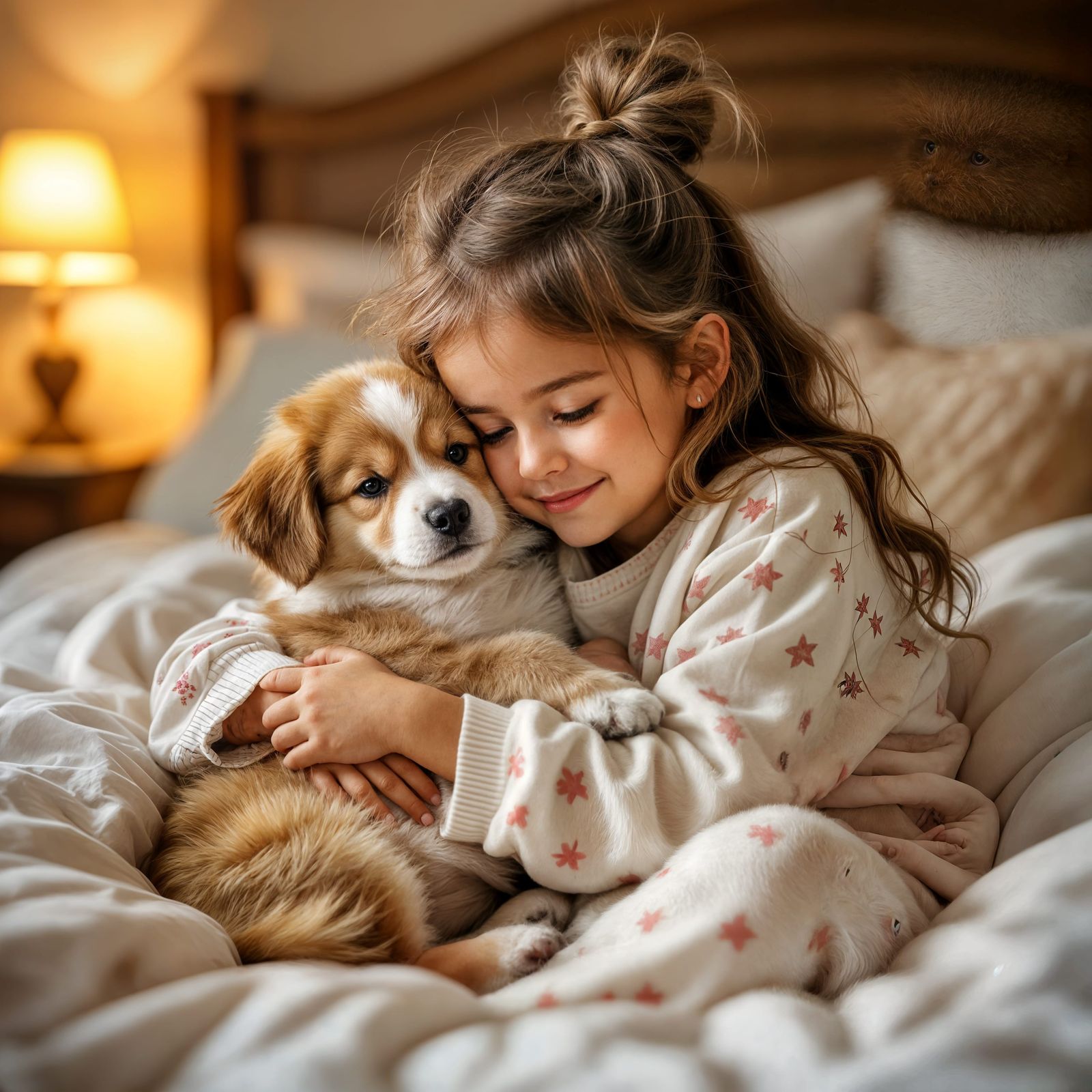 Girl Hugs Puppy Before Bed in Realistic Photo Style