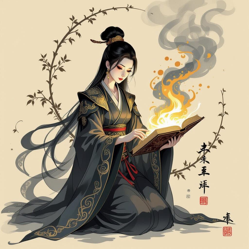 Mystical Figure Conjuring, Traditional Chinese Painting Styl...