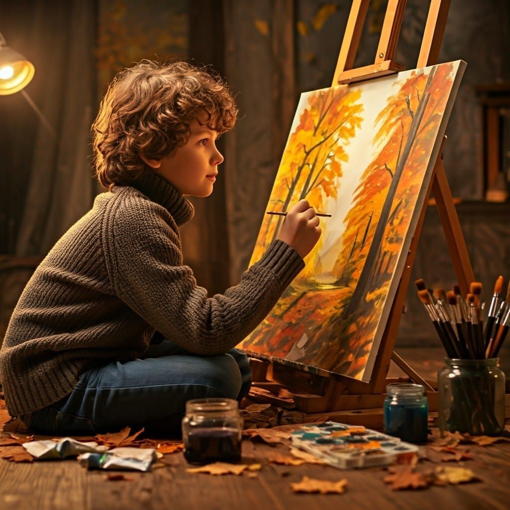 Boy Creates Autumn Landscape Painting