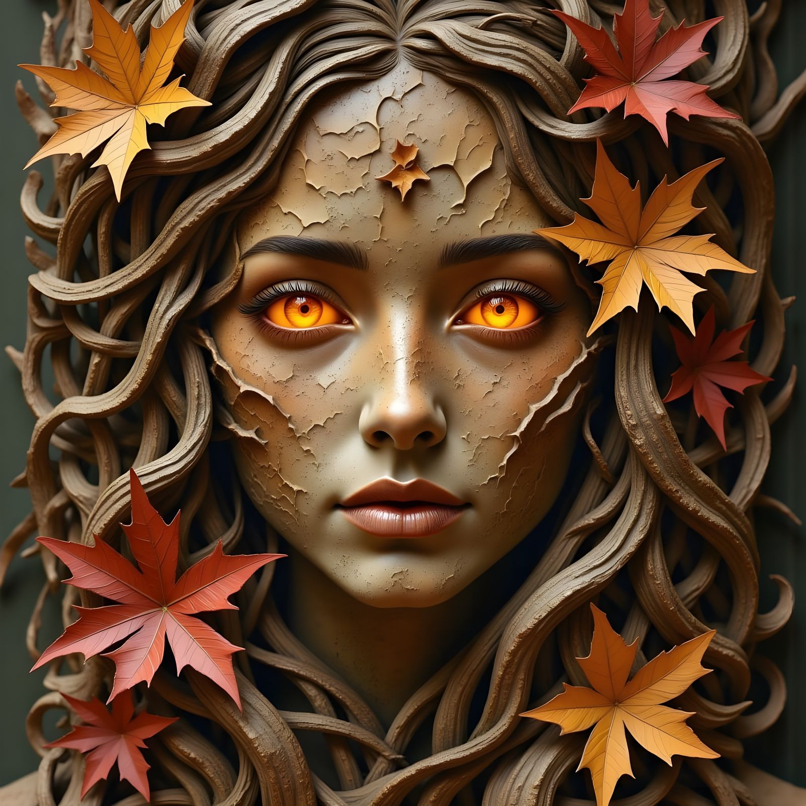 Wooden Goddess Awakens Amidst Whirling Autumn Leaves