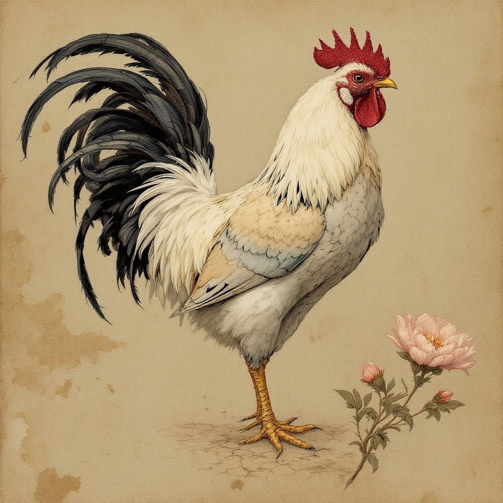 Rooster in Pressed Botanical Style