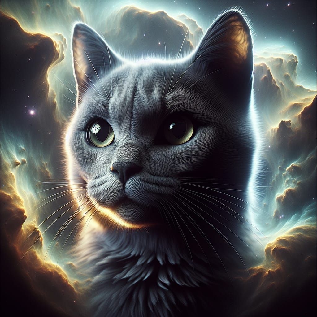 Hyperrealistic Grey Cat in Cosmic Nebula