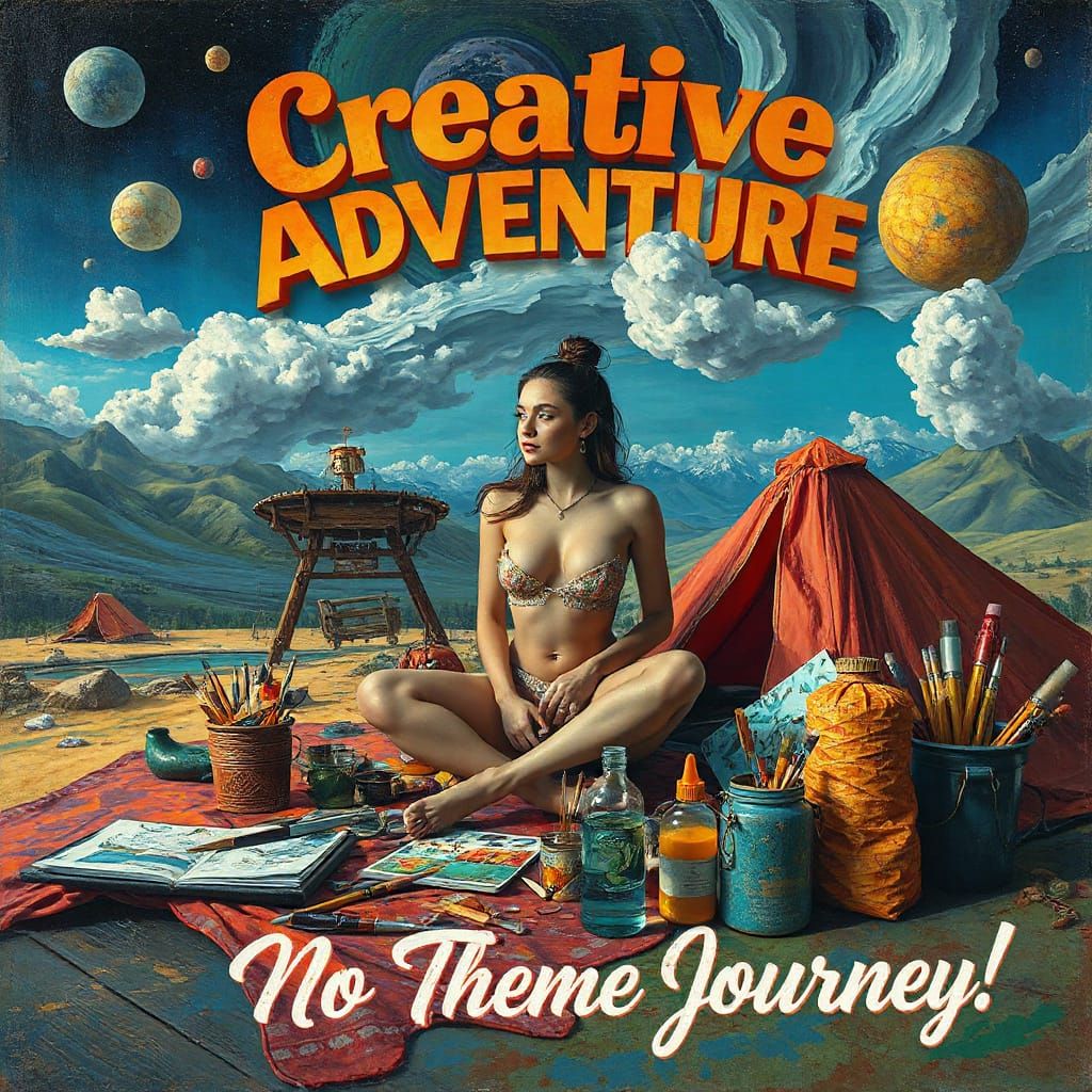 Surrealist Woman Embarks on Whimsical Creative Journey