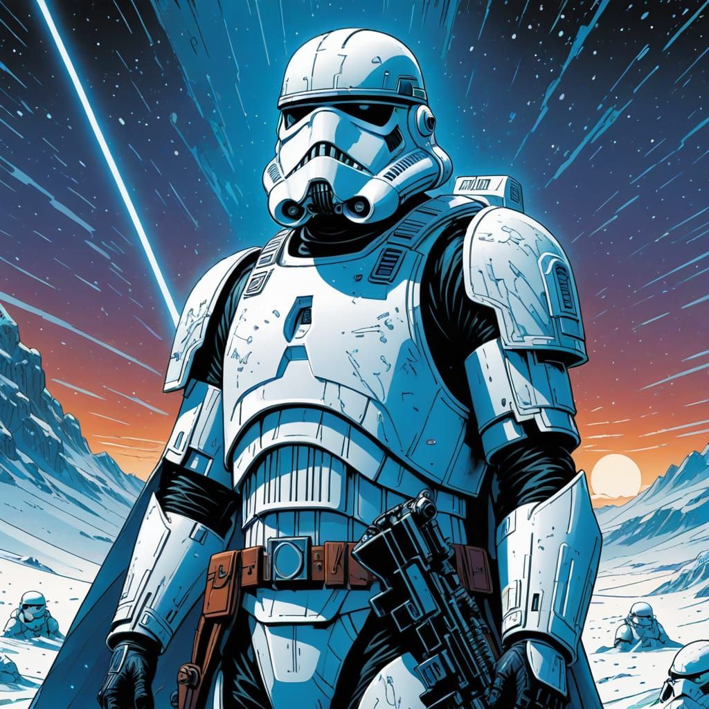 Comic Book Style Snowtrooper in Winter Storm