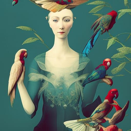 Woman and Parrot: Surreal Hyperdetailed Portrait
