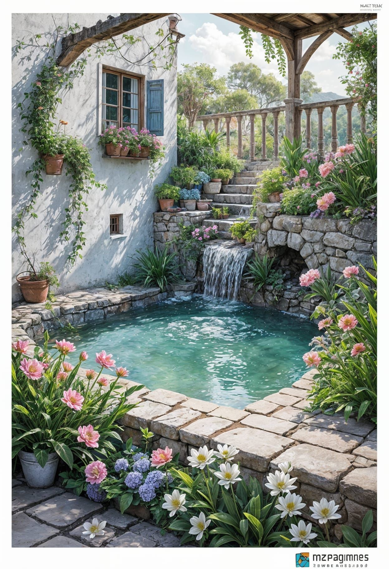 Intricate Old House Surrounded by Flowers and Water