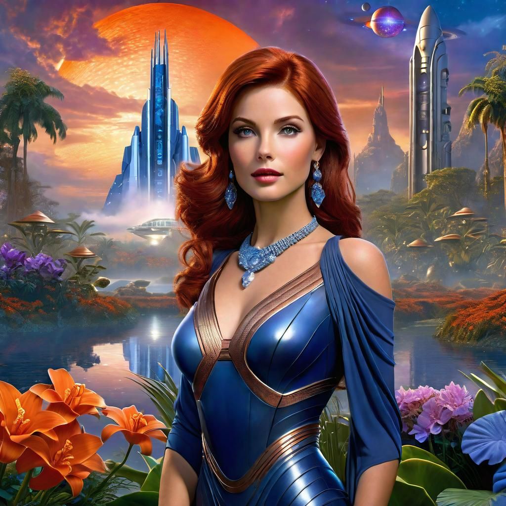 Futuristic Woman in Jungle, Holographic Astral Illustration