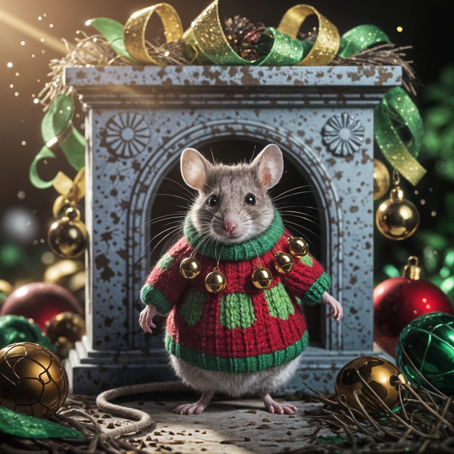 Disgruntled Mouse in Oversized Sweater with Golden Bells