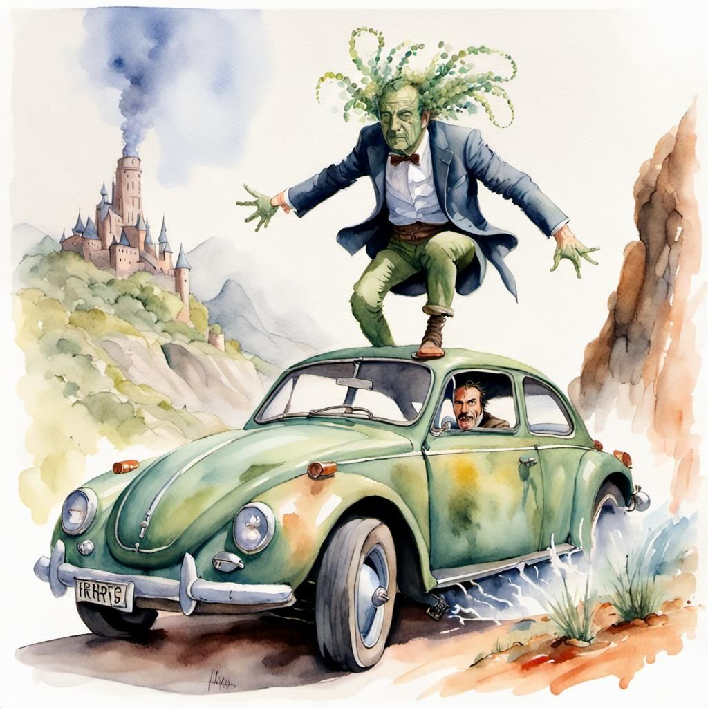 Herbie Car Fantasy Action Portrait in Watercolor
