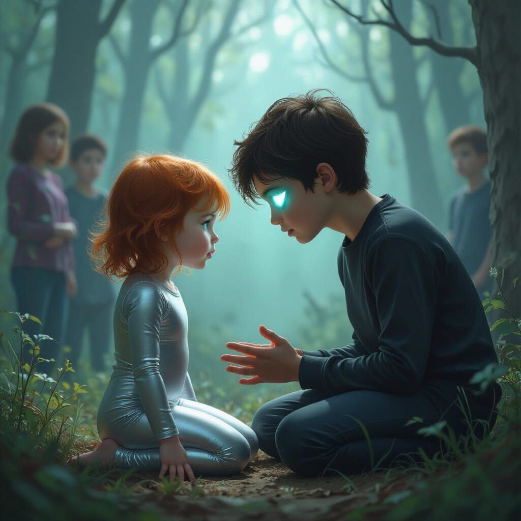 Redhead Girl Mesmerized in Ethereal Forest, Digital Painting